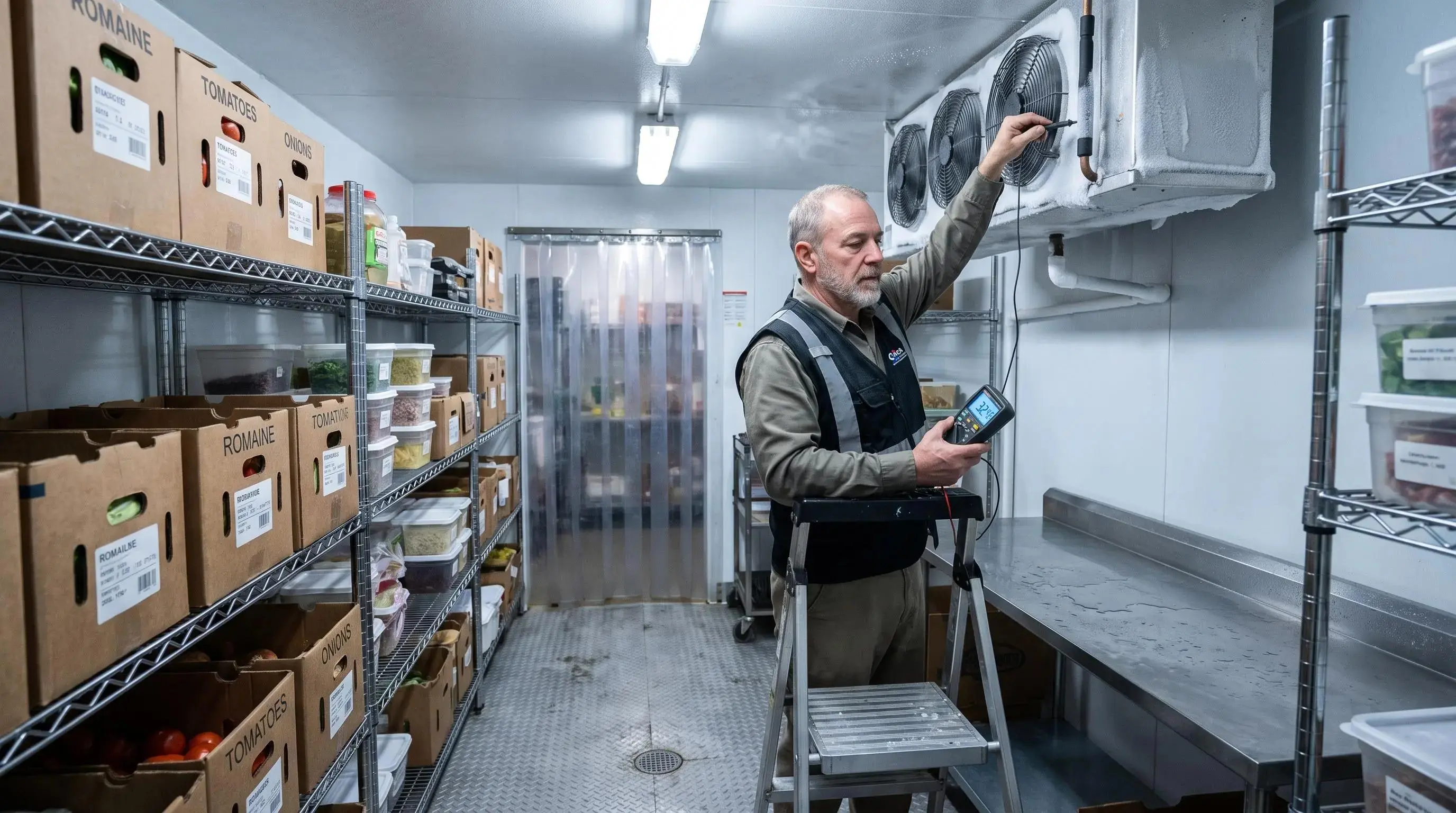 commercial refrigeration repair Austin technician diagnosing walk-in cooler problem